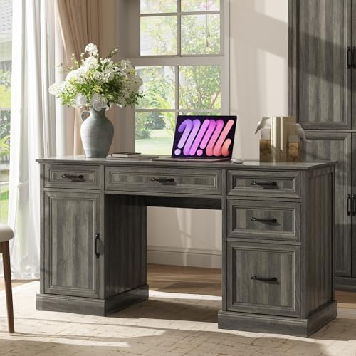 CARPETNAL 58'' Farmhouse Executive Desk with Drawers, Home Office Desk with File Drawer and Storage Cabinet, Rustic Computer Desk for Working, Studying, Writing, Grey - Image 3