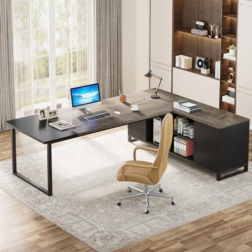 Tribesigns 70.8" Executive Desk with 55" File Cabinet, Industrial L Shaped Computer Desk with Storage Shelves and Cabinet, Large L Shaped Executive Desk for Home Office, Retro Gray & Black - Image 5