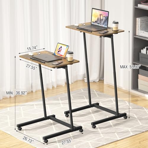 Eocnrhe Treadmill Desk, Mobile Small Standing Desk with Wheels for Walking Pad, Portable Table for Laptop, Rolling Table Adjustable Height, Bedside Table，Brown - Image 3