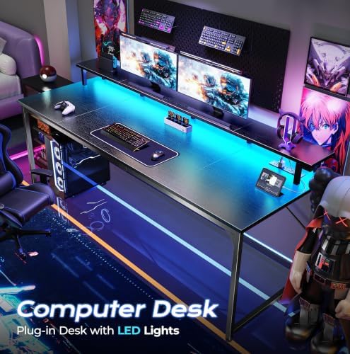 PRAISUN 63 inch Gaming Desk, LED & Power Outlets, Monitor Stand, Black - Image 4