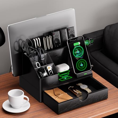 Black PU Leather Multi-Device Charging Station with Drawer - 6-in-1 Desktop Organizer for Phone, iPad, Tablet, Laptop, Watch, Headphones - Electronics Docking Hub & Storage Box for Office Home (Black) - Image 3