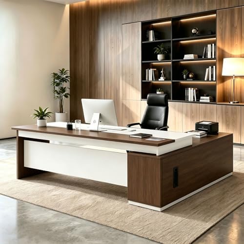 L Shaped Executive Desk with Drawers, Large Wood Workstation, Modern Executive Office Furniture for Home Office and Business Workspace, Multiple Sizes & Colors by Unknown