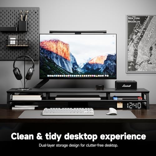 Dual Monitor Stand Riser for Desk, 41.7 Inch Large 2 Tier Computer Monitor Stand for 2 Monitors, Desktop Storage Organizer Shelf with Keyboard Space for Laptop PC Printer, Black - Image 3