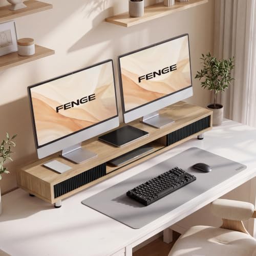 Fenge Dual Monitor Stand with Storage, Desk Shelf with Glass Sliding Door - Image 5