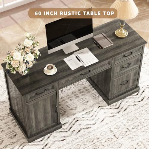 CARPETNAL 58'' Farmhouse Executive Desk with Drawers, Home Office Desk with File Drawer and Storage Cabinet, Rustic Computer Desk for Working, Studying, Writing, Grey - Image 5