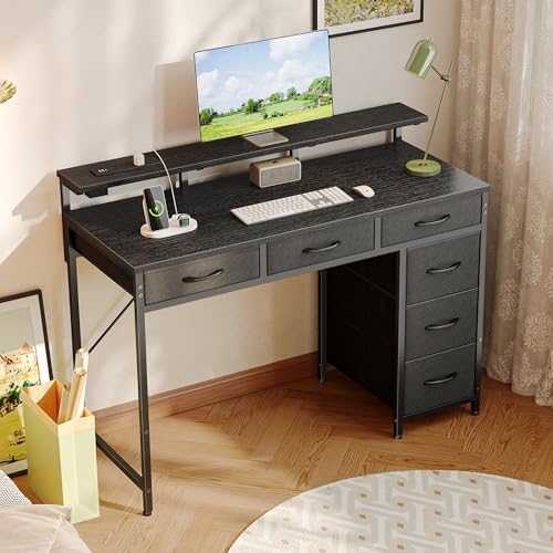 Huuger Gaming Desk with 6 Drawers, Computer Desk with LED Lights Power Outlets and Type-C, 39 Inch Office Desk with Storage, Monitor Stand, Writing Desk Work Desk Home Office, Bedroom, Black, 1CD100B - Image 2