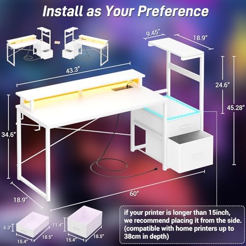 Aheaplus 59" Gaming Desk with RGB LED & Power Outlet &PC Case/Printer Stand - Image 2