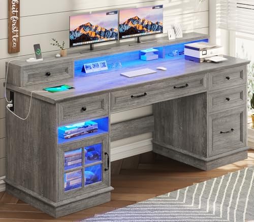 BTHFST 59.1" Executive Desk with File Drawer, Charging Station, Grey by BTHFST