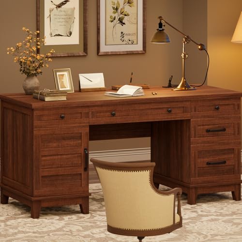 GarveeHome Executive Desk with File Drawers, Farmhouse Home Office Desk with Charging Station, 60 in Wooden Computer Desk with Cabinet Storage for Work Study Writing, Walunt Brown - Image 4