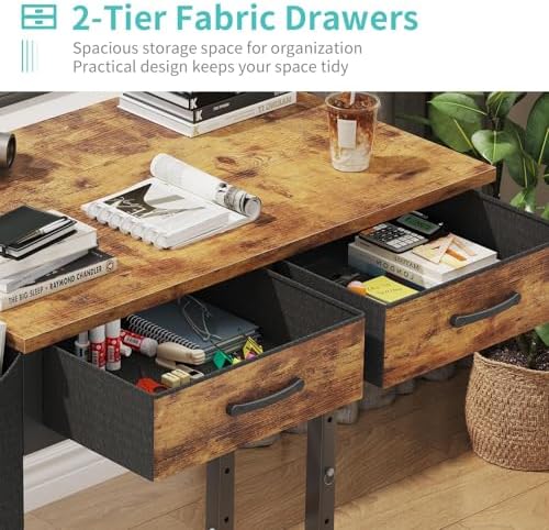 Small Portable Standing Rolling Desk - 32 Inch Adjustable Mobile Stand Up Teacher Desks with 2 Fabric Drawers on Wheels, Couch Sofa Side Laptop Table with Storage for Bedroom Home Office, Rustic Brown - Image 7