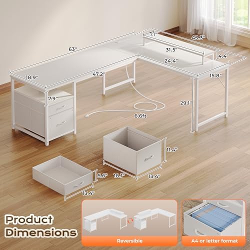 PRAISUN 63 Inch L Shaped Desk with Power Outlets and USB-C Port, Computer Corner Home Office Desk with File Fabric Drawers and Movable Monitor Stand, Larger Storage, Gaming, Writing, Work, White - Image 2