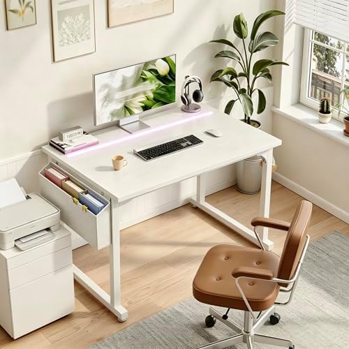 DurayLoly 32" Gaming Desk with Waterproof LED Lights for Bedroom,White - Image 2