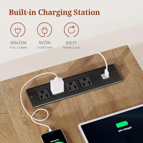 UPOSOJA 55.9 in Executive Desk with Power Outlets, Modern Home Office Desk with Storage Cabinet, Wood Computer Desk Business Workstation Desk Conference Table, Oak (Storage Cabinet) - Image 3