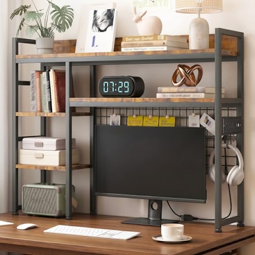 45.3" Desktop Bookshelf with Outlet, 3-Tier Adjustable Desk Hutch Dorm by SANYOUNG