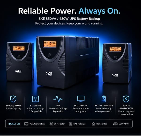 SKE SK850 850VA/480W UPS Battery Backup & Surge Protector - Uninterruptible Power Supply with LCD Display, AVR Voltage Regulation, 6 Outlets, Backup Power for PC, Router, NAS & Home Office - Image 2