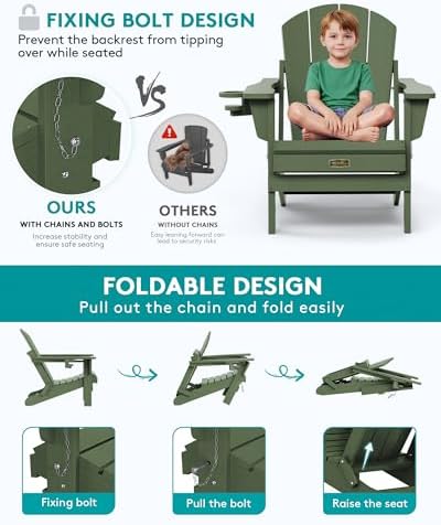 SERWALL Folding Adirondack Chairs Set of 4,Patio Chair with Cup Holder-Army - Image 4