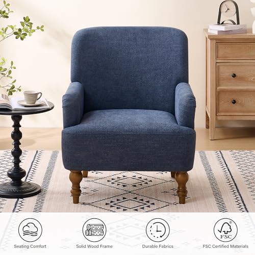 Modern Wingback Accent Chair, Upholstered Fabric Living Room Armchair with Wood Legs, Single Sofa Lounge Chair for Bedroom, Office & Reading Room (1, Blue) - Image 3