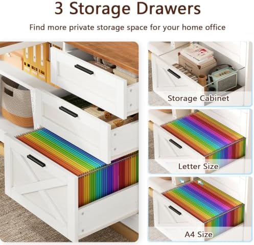 59" Farmhouse L Shaped Computer Desk with Drawers, Storage Cabinet, Outlet - Image 5