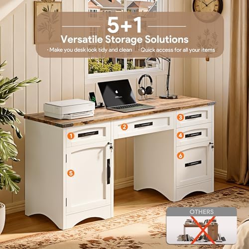 Decofy Farmhouse Executive Desk with Drawers, 55" Home Office Desks with Fast Charging Station, Lockable File Cabinet, Wood Writing Computer Desk for Work, Study, White - Image 5