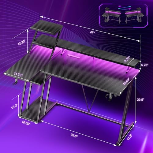 Korfile 47 Inch Gaming Desk with LED & Power Outlet, Carbon Fiber Black - Image 2