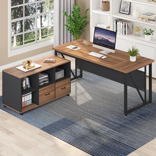 Tribesigns 63-Inch Executive Desk with 47-Inch Mobile File Cabinet, Large Home Office Desk with Drawers and Storage Shelves, L-Shaped Computer Desk Workstation Business Furniture, Walnut & Gray by Tribesigns