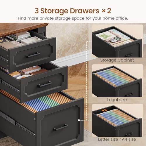 SEDETA Farmhouse 110.3" Two Person Desk with 7 Drawers, Long Computer Desk with Storage Cabinet, 2 Person Desk with Power Outlets for Home Office, Black+Brown - Image 4