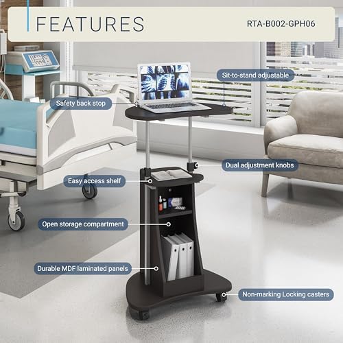 Techni Mobili Adjustable Height Rolling Laptop Cart with Storage, Graphite - Image 4