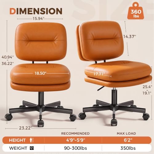 COMHOMA Home Office Desk Chair with Comfy Lumbar Support, Small Vanity Chair with Wheel for Bedroom, Thick Padded & Armless, 19.1"-25.4 Height Adjustable, Soft PU Leather, Brown - Image 2