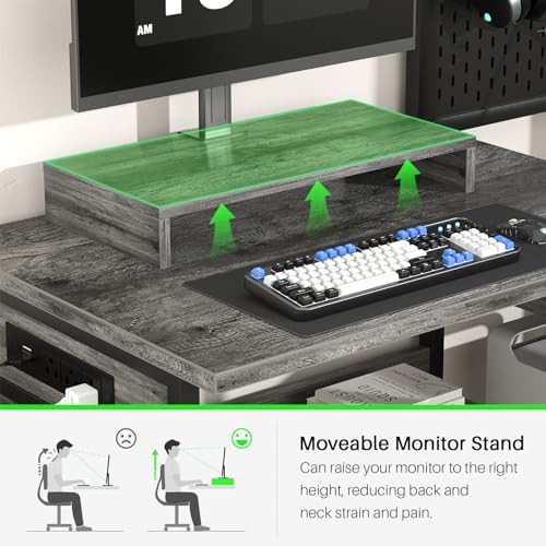 Small Gaming Desk with 2 Fabric Drawers - Reversible Computer Desk with Power Outlet & LED Lights, 49" Office Desk with Monitor Stand & Storage Shelves, Writing Study Table with Pegboard, Grey Oak - Image 7