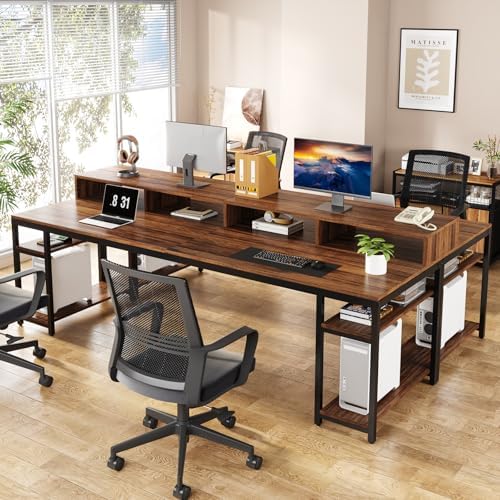 Tribesigns Two Person Desk with Monitor Stand, 78.74" Long Double Computer Office Desk with Storage Shelves, Large Gaming Study Writing Table Workstation for Home Office (Rustic Brown) - Image 6