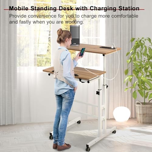 Hadulcet Mobile Standing Desk with Charging Station, Adjustable Standing Computer Desk, Standing Adjustable Laptop Cart with Wheels for Home Office Classroom Vintage Oak - Image 6