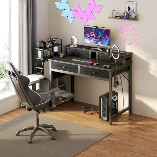 Lufeiya Small Desk with Drawers for Home Office Bedroom, 31 inch Black Writing Study Desks with Fabric Drawers Storage, Gaming Desk Table with Power Outlet & Monitor Stand, Black - Image 4