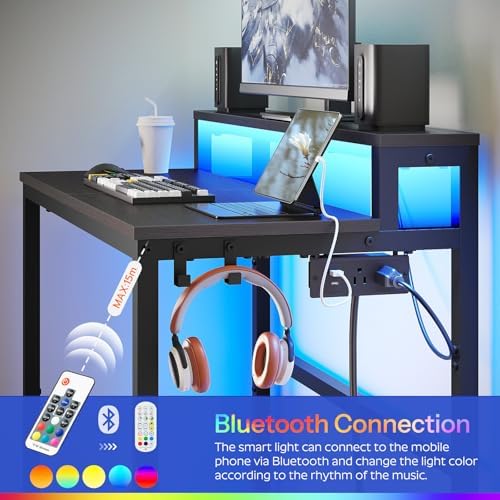 YATINEY Small Computer Desk with Charging Station and LED Lights, Gaming Desk with Monitor Stand, 2-Tier Home Office Desk with 4 Side Hooks, for Living Room, Home Office, Black DN01UDBBY2 - Image 6