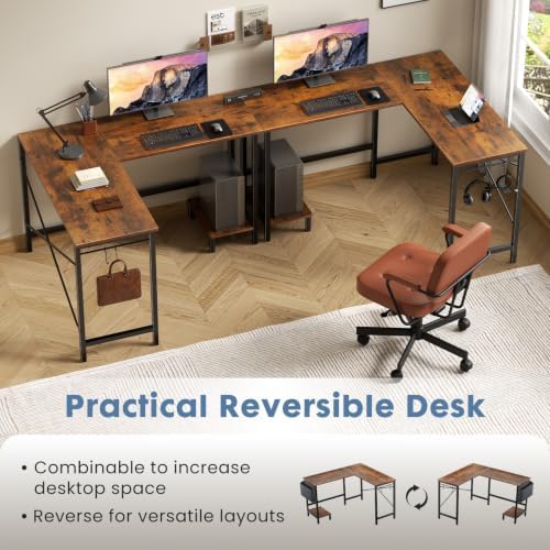 DUMOS L Shaped Computer Corner Desk with PC Stand, Brown - Image 3