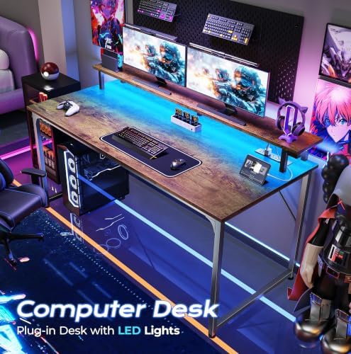PRAISUN 48 inch Gaming Desk, LED & Outlets, Monitor Stand, Rustic Brown - Image 4