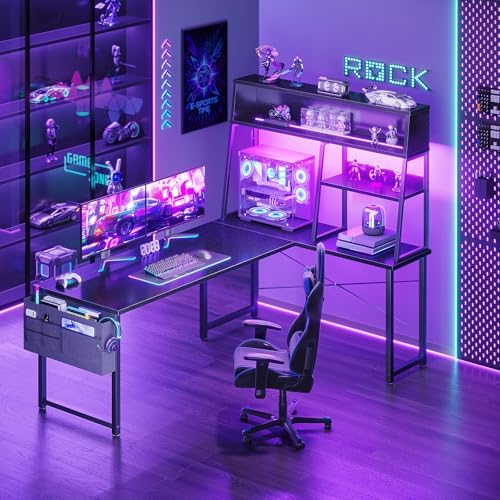 AODK 59 Inch L Shaped Gaming Desk with Display Shelves, LED Lights, Black - Image 2