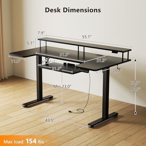 OffiGo 55 Inch U Shaped Electric Standing Desk with Keyboard Tray, Black - Image 3