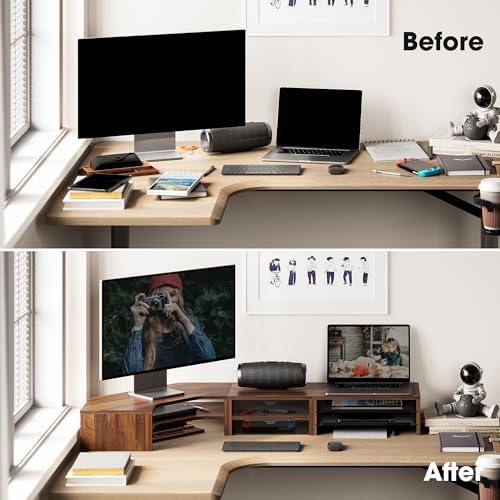 Fenge Dual Monitor Stand, Corner Desk Shelf with Drawer & Slide-Out Tray - Image 6