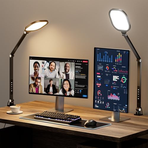 LitONES 2 Packs Led Desk Lamps for Home Office, 1200LM Dimmable Clamp-on Desktop Light, Adjustable Swing Arm Ring Light with Stand, Memory & Timer Function, Eye-Caring Design by LitONES