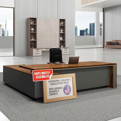 OfficeSimpli L Executive Desk with Drawers, Made in USA, 64x63x30, Walnut by OfficeSimpliUS