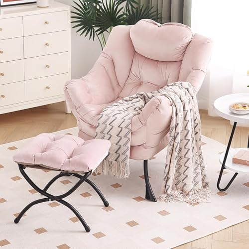Furlide Lazy Chair with Ottoman, Modern Chair with Folding Footrest, Lounge Accent Chair, Comfortable Reading Chair, Oversized Armchairs for Bedroom, Study, Living Room, Courtyard (Pink) by Furlide