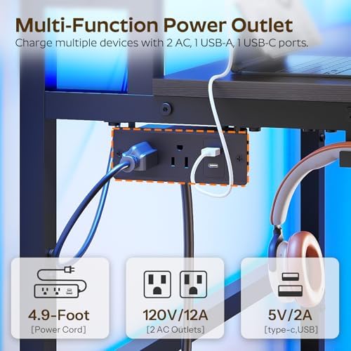 YATINEY Small Computer Desk with Charging Station and LED Lights, Gaming Desk with Monitor Stand, 2-Tier Home Office Desk with 4 Side Hooks, for Living Room, Home Office, Black DN01UDBBY2 - Image 5