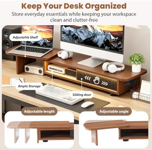 Artswish Dual Monitor Stand with Power Outlet, Brown Desk Monitor Riser - Image 4