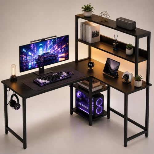HealSmart L Shaped Desk Gaming Desk with LED Light & Power Outlet, 53 Inch Reversible Computer Table with Shelf & Storage Shelves & Hook, Corner Desk for Home Office, Black by HealSmart