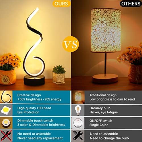 Modern Spiral LED Table Lamp for Bedroom, Bedside Lamps with USB Charging Ports, Dimmable Side Table Lamp Touch Lamps for Nightstand, 3 Colors Modes Desk Lamps for Living Room, Office - Black - Image 2