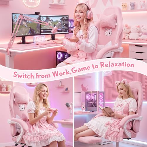 Pink Cat Gaming Chair,Ultra Soft Cute Microplush Fleece Office Desk Chair - Image 3