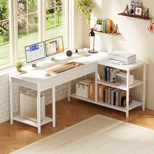 PRAISUN 55 Inch L Shaped Office Desk with Power Outlets and Type-C Port, Large Computer Gaming Desk with 3 Fabric Drawers, Mesh Shelves, Corner Study Work Writing Desk, White - Image 2
