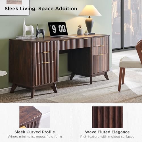 T4TREAM 60" Modern Fluted Executive Desk with Drawers, Dark Walnut - Image 3
