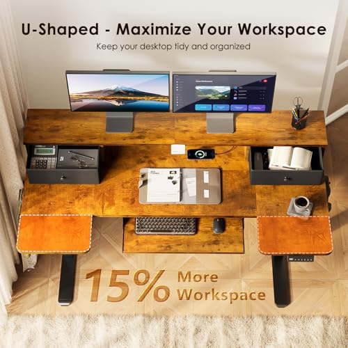 OffiGo 55 Inch U Shape Standing Desk, Keyboard Tray & Drawers, Rustic Brown - Image 6