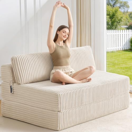 Folding Sofa Bed Convertible 4 in 1 Sleeper Chair Beige Full XL by MEGAYESHome